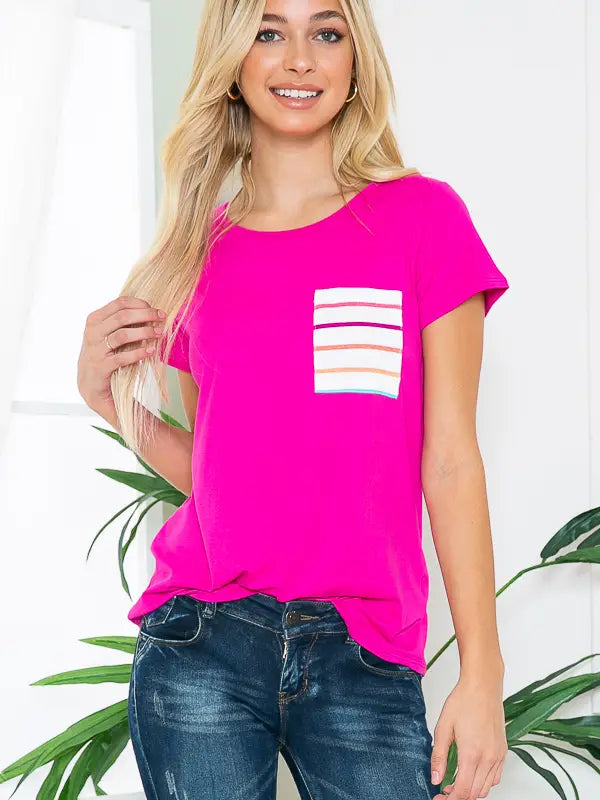 Fuchsia Striped Pocket Tee